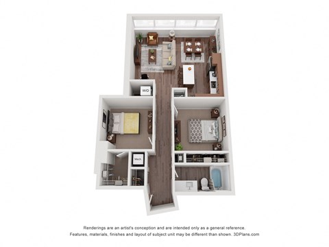 Floor plan for 2 beds, 1 bath, 962 sqft